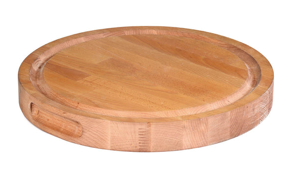 Butcher Block, 18" dia. x 2" thick, round, cut-out handles, gravy lane, wood