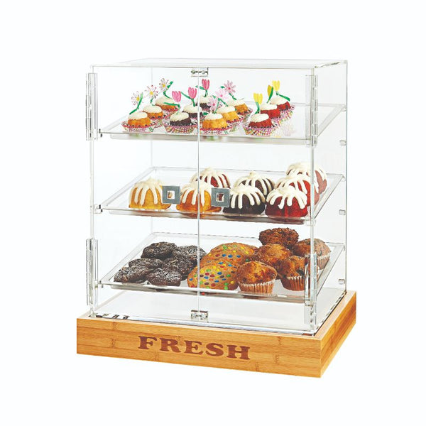 Large Two Door Bakery Cabinet with Three Frosted Trays and “FRESH” Bamboo Base, 1 EA