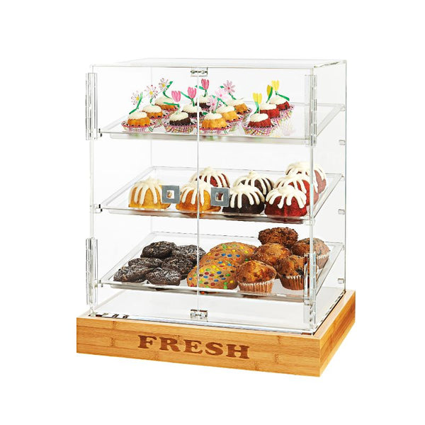 Small 2 Door Bakery Cabinet with Three Frosted Trays and “FRESH” Bamboo Base, 1 EA