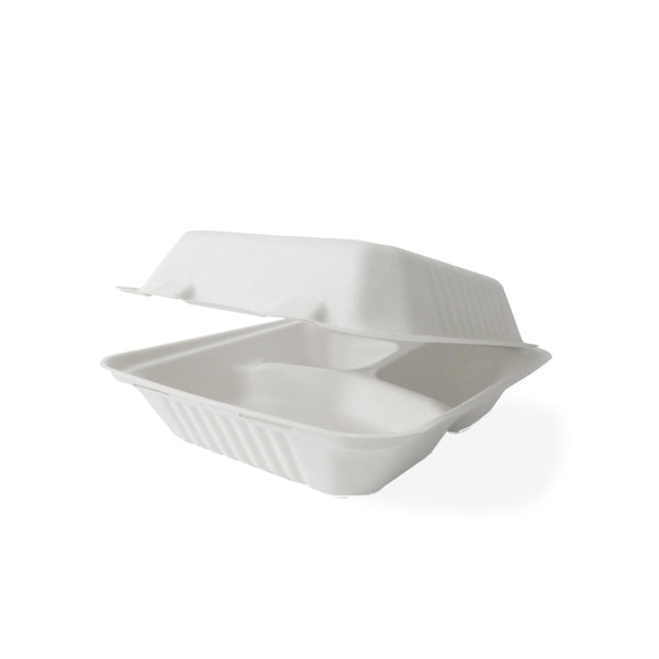 8" x 8" 3-Compartment Fiber Clamshell Bagasse