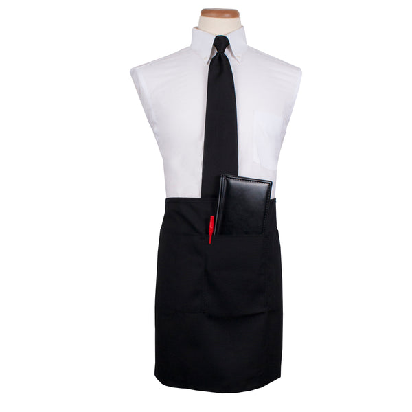 Chef Revival® Plus Waist Apron, 26" x 18-1/2" long, 3 pockets and pen pocket, made with DuraSure® polyester, fade and water resistant, black (retail packaging) (must be purchased in case quantities)