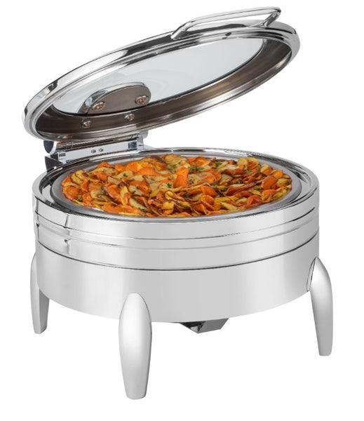 De Luxe Round Stainless Steel Chafing Dish with Glass Lid, Frame, Burner Holder & Induction Option* - 6.34 QT, 1 EA
* For induction order SMM061 - 7.75" Round Single Induction Heater