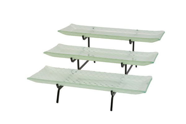 3 Level Blk Metal Flat Packed Stand with Three Zenit White Large 22.5" Rectangle Handmade Glass Trays, 1 EA