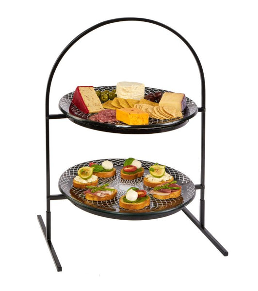 2 Level Round Black Metal Flat Packed Stand with Two Spiro Black 13" Round Handmade Glass Platters, 1 EA