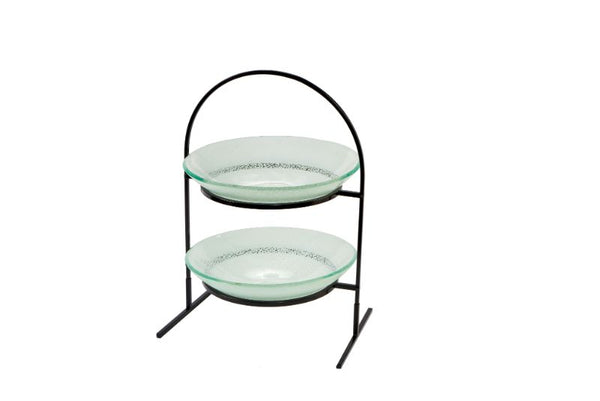 2 Level Round Black Metal Flat Packed Stand with Two Foglia White 14" Round Glass Bowls, 1 EA