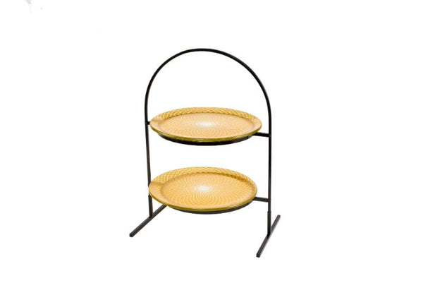 2 Level Round Black Metal Flat Packed Stand with Two Spiro Gold 13" Round Handmade Glass Platters, 1 EA