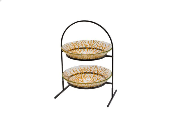2 Level Round Black Metal Flat Packed Stand with Two Radici Mustard 14" Round Glass Bowls, 1 EA