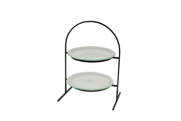2 Level Round Black Metal Flat Packed Stand with Two Spiro White 13" Round Handmade Glass Platters, 1 EA