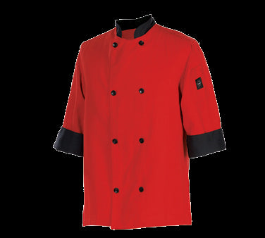 Chef Revival® Fresh Chef's Jacket, 2X-large, 3/4 sleeve, black chef logo buttons, double breasted with traditional collar, pen/thermometer sleeve pocket, poly/cotton, tomato red with black collar and cuffs, Chef 24/7®