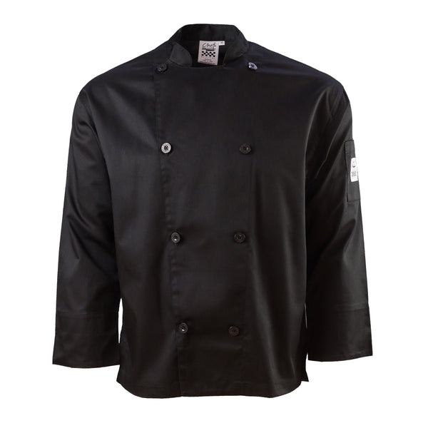 Chef Revival® Performance Series Jacket, 2X-large, double breasted, traditional collar, 8 chef logo buttons, long sleeve, sleeve pocket, mesh back, poly/cotton blend, black