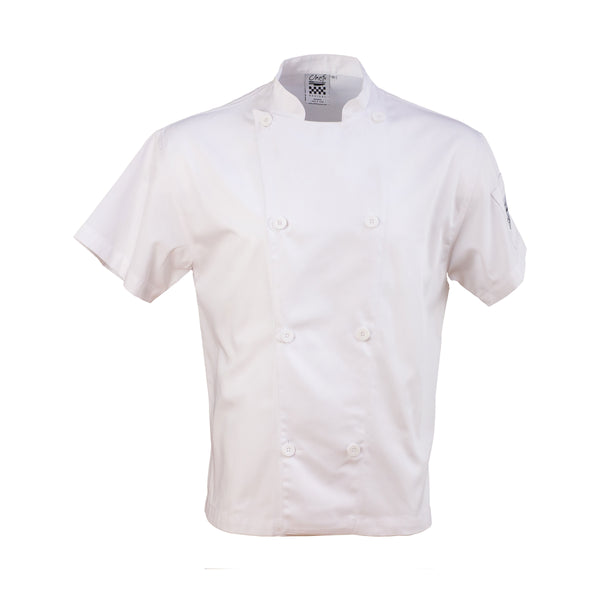 Chef Revival® Performance Series Jacket, small, double breasted, traditional collar, 8 chef logo buttons, short sleeve, sleeve pocket, mesh back, poly/cotton blend, white