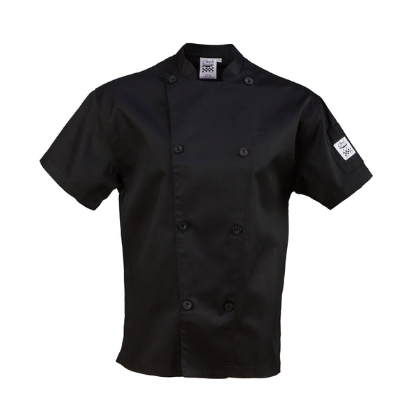 Chef Revival® Performance Series Jacket, 2X-large, double breasted, traditional collar, 8 chef logo buttons, short sleeve, sleeve pocket, mesh back, poly/cotton blend, black