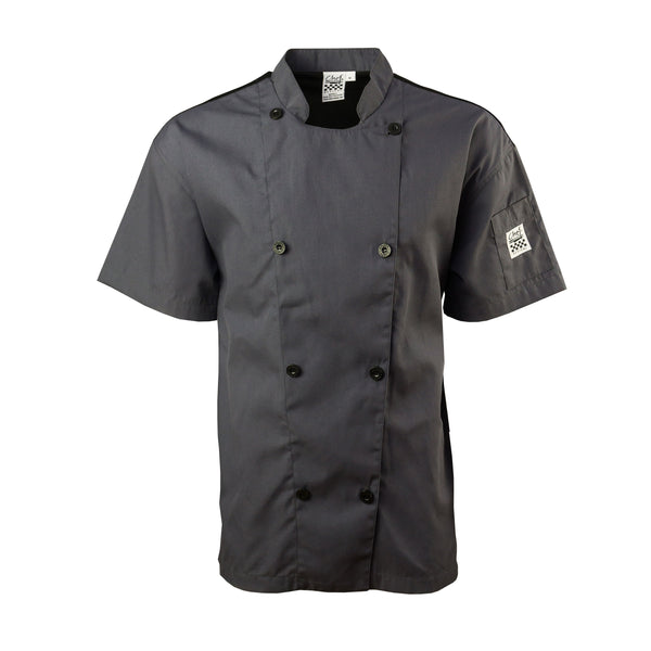 Chef Revival® Performance Series Jacket, 2X-large, double breasted, traditional collar, 8 chef logo buttons, short sleeve, sleeve pocket, mesh back, poly/cotton blend, pewter grey