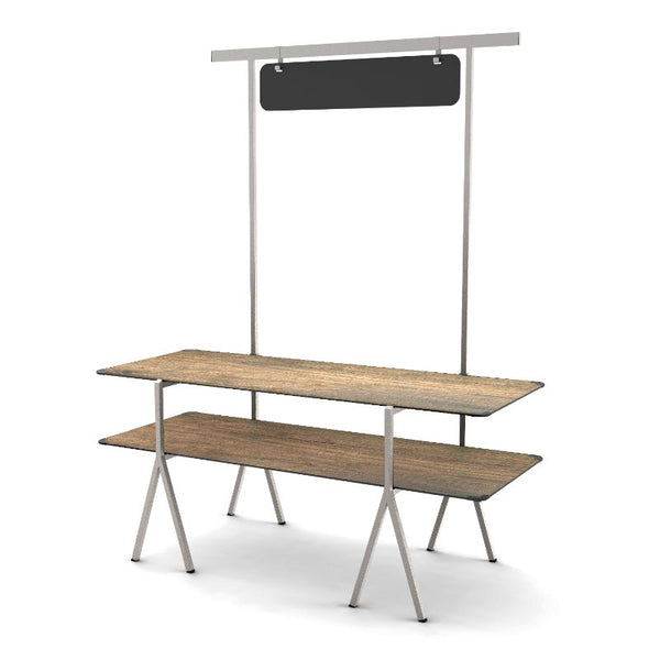 Modulite™ 2 Level Kit, Walnut 2 Table Top, Chalkboard, Stainless Steel Display Frame & Legs