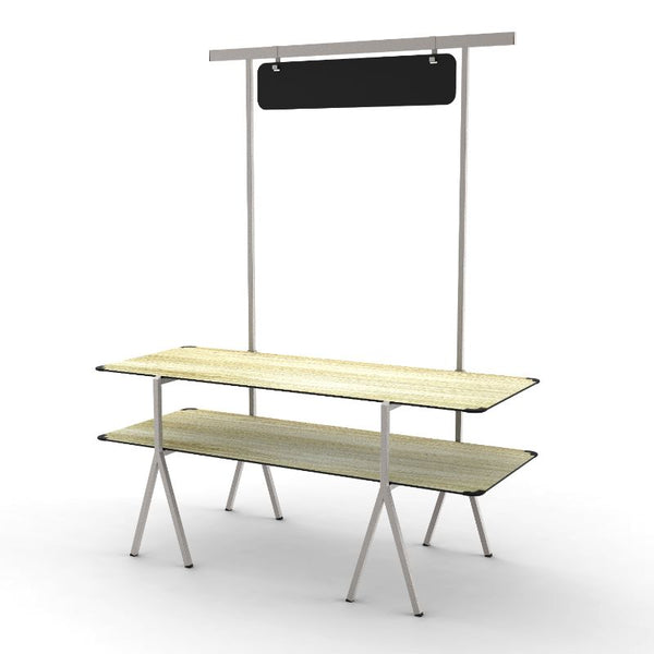 Modulite™ 2 Level Kit, Natural Wood 2 Table Top, Chalkboard, Stainless Steel Display Frame & Legs