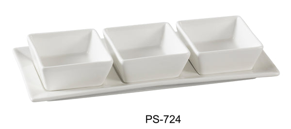 Yanco Piscataway Chinaware THREE 3" SQUARE BOWL WITH 11" X 4 1/4" TRAY 3 OZ EACH