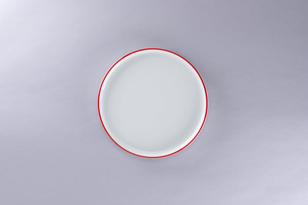 RIMZ STACKABLE FLAT RIMLESS PLATE / LID WITH RED RIM, 7.9"D