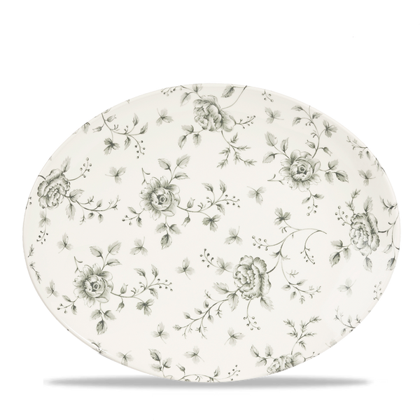 Rose Chintz Grey Orbit Oval Coupe Plate 12 1/2X10" Box 6