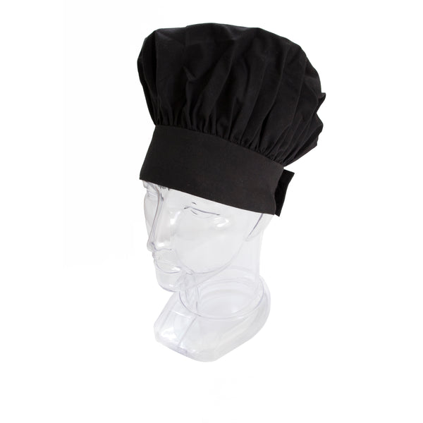 Chef Hat, traditional, 13", adjustable Velcro panel, one size fits all, 65/35 poly/cotton poplin, black (must be purchased in case quantities)