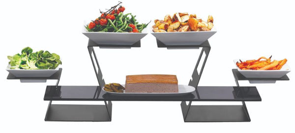 7PC KIT-Black Swan Multi-Level Risers,Wide Black Tempered Glass Surface&4-10.75”Square PorcelainBowl