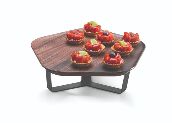 Forme’ Melamine Polygon Walnut Tray with Three Leg 4" Silver Riser, 1 EA