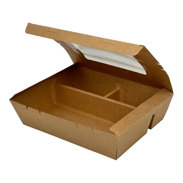 Paperboard Bento Box with 3 Compartments and Attached Window Lid
