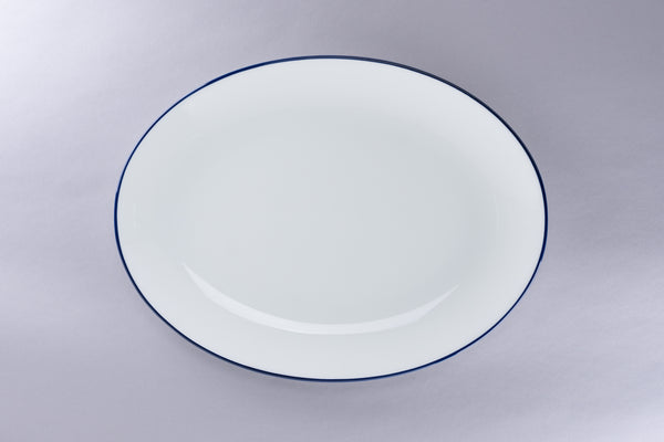 RIMZ OVAL COUPE PLATTER WITH BLUE RIM, 12.6"L, 9"W