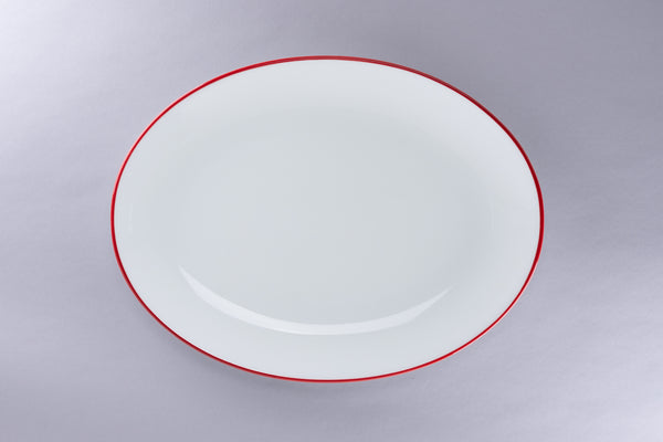 RIMZ OVAL COUPE PLATTER WITH RED RIM, 12.6"L, 9"W