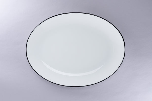 RIMZ OVAL COUPE PLATTER WITH BLACK RIM, 12.6"L, 9"W