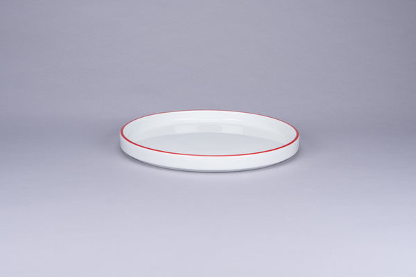 RIMZ STACKABLE FLAT RIMLESS PLATE / LID WITH RED RIM, 6.3"D