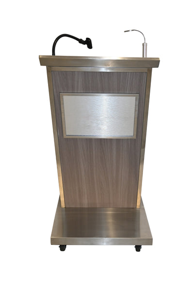 Podium, 22"W x 24"D x 43"H, small casters (locking), stainless steel, grey grained HPL finish