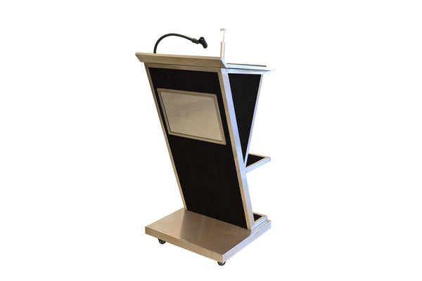 Podium, 22"W x 24"D x 43"H, small casters (locking), stainless steel, black HPL finish