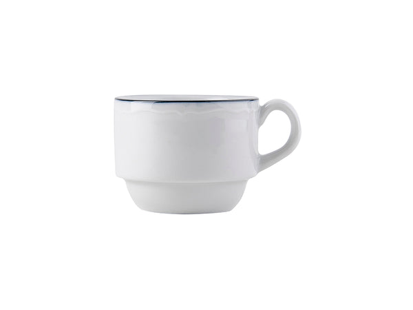 Tuxton Stackable Espresso Cup 3 oz Charleston Porcelain White Scalloped Blue Band