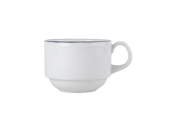 Tuxton Stackable Cup Mug 4 ½" x 3 ½" x 2 ⅝" CHARLESBB Porcelain White Scalloped Blue Band_0
