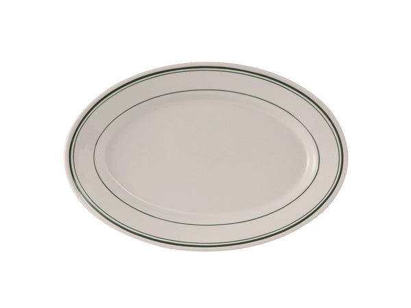 Tuxton Oval Platter Platter 10 ½" x 7 ⅜" Green Bay Eggshell RE Green Bands_0